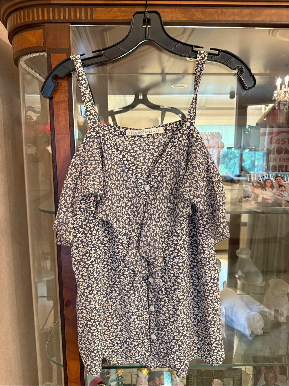 Veronica Beard Floral Button-Front Spaghetti Strap Top - Navy & White